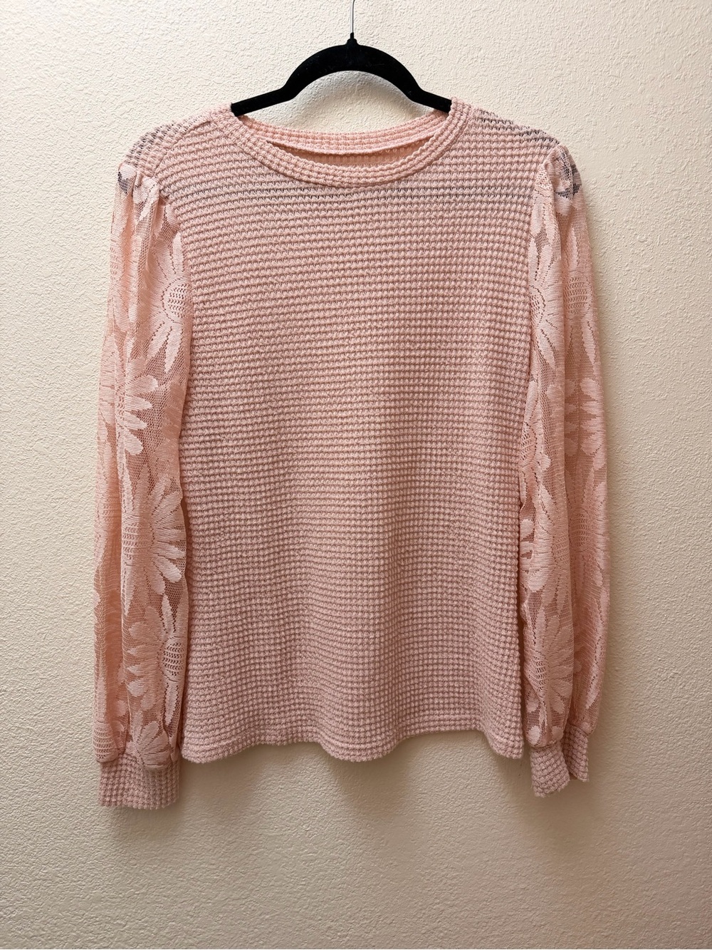 Women's Pink Lace Sleeve Waffle Knit Sweater